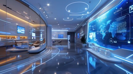 A state-of-the-art virtual customer experience center with holographic service interfaces, AI-driven personalization, and immersive reality tools for enhancing business interactions.