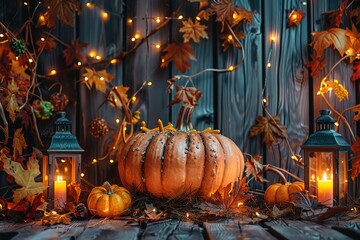 Obraz premium Thanksgiving Celebration - Pumpkins On Rustic Table With Corncobs Apples And Ears Wheat