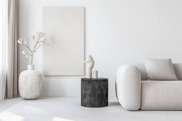 Interiors composition with minimal furniture, ample copy space and a large window providing neutral lighting. Residential Real Estate conceptual image.