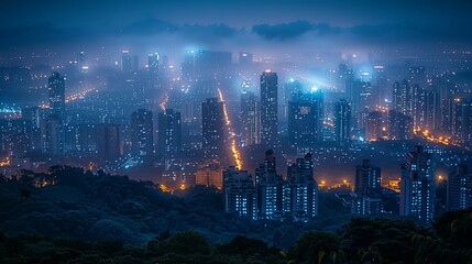 Obraz premium Light pollution from an urban area at night, with bright city lights obscuring the stars, high-rise buildings in view.