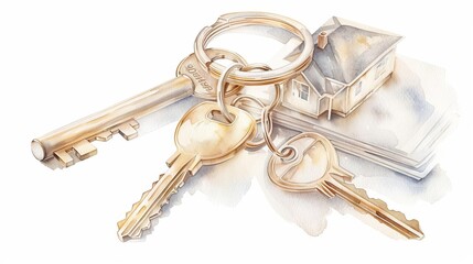 watercolor illustration of house keys and contracts in a real estate market theme, flat design, isolated white background