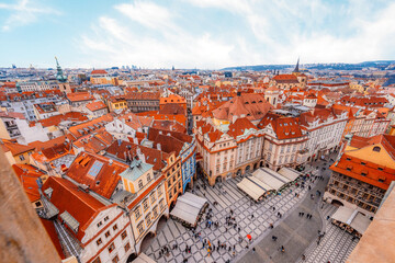 View of the city of Prague and old town square with buildings and Church of Our Lady before Tyn in...