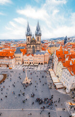 View of the city of Prague and old town square with buildings and Church of Our Lady before Tyn in...