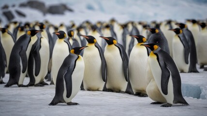 Fototapeta premium A group of emperor penguins huddle together on the icy Antarctic beech