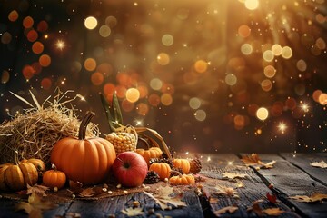 Thanksgiving - Pumpkins And Corncobs On Rustic Table - Decorations At Nights With Defocused Lights