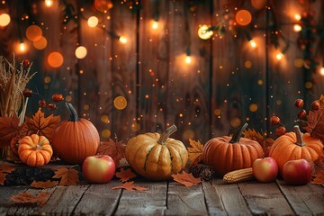 Basket Of Pumpkins, Apples And Corn On Harvest Table With Field Trees And Sky Background - Thanksgiving