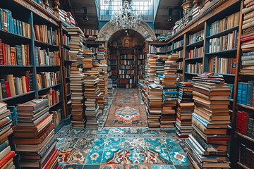 A library with rows of books and a hanging chandelier.