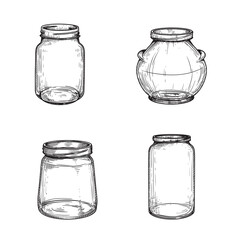 Jars sketch set. Hand drawn vintage looking empty utensils collection. Vector illustrations on white.