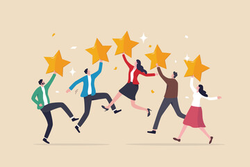 Customer experience, best score rating, client feedback or consumer review, 5 stars rating, like or positive survey, customer satisfaction concept, happy young adult customer holding 5 stars rating.