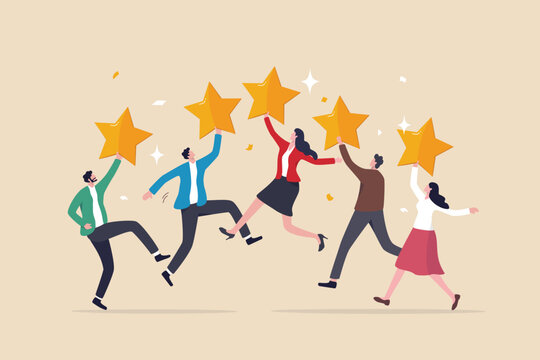 Customer experience, best score rating, client feedback or consumer review, 5 stars rating, like or positive survey, customer satisfaction concept, happy young adult customer holding 5 stars rating.