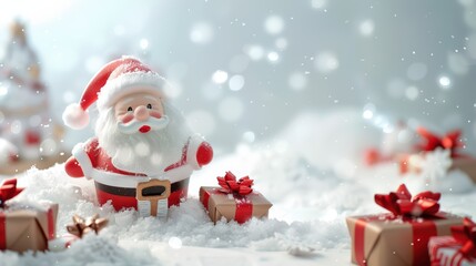 A Santa Claus in red suit and white beard, sitting on the floor with gifts surrounded by many gift boxes, white snow background, Santa Claus, Winter, X mas Background Wallpaper