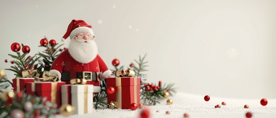 A Santa Claus in red suit and white beard, sitting on the floor with gifts surrounded by many gift boxes, white snow background, Santa Claus, Winter, X mas Background Wallpaper