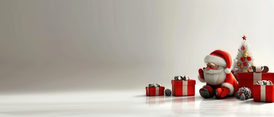 A Santa Claus in red suit and white beard, sitting on the floor with gifts surrounded by many gift boxes, white snow background, Santa Claus, Winter, X mas Background Wallpaper