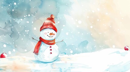 Fototapeta premium Cute snowman in Winter Desktop wallpaper, water color style