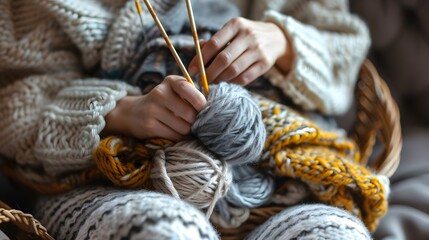 Knitting a Blanket: Hands knitting a cozy blanket, with yarn and needles in a basket.
