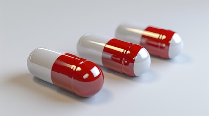 Three medical capsules in red and white on a white backdrop