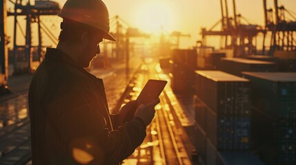 A worker in a hard hat stands in the middle of a bustling cargo port. The setting sun bathes the scene in a golden light as the worker checks their tablet