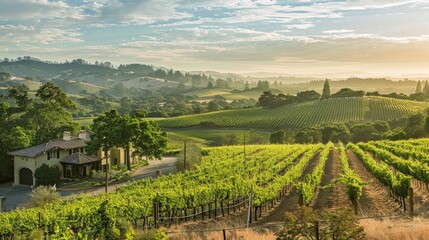 Fototapeta premium A vineyard tour in Napa Valley, with rows of grapevines, elegant tasting rooms, and a view of the rolling hills