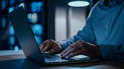 A person's hands type on a laptop keyboard in a dimly lit server room