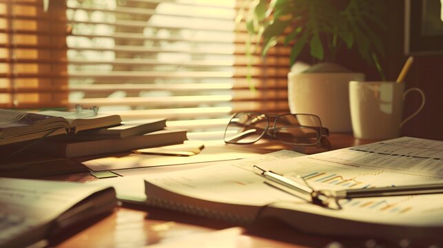 Open books, papers, glasses, and a pencil rest on a desk bathed in the warm afternoon sunlight streaming through a nearby window