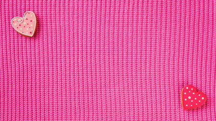 Hearts On Pink Knitted Texture, Valentine's Day Concept With Space For Text