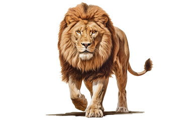 Obraz premium Majestic lion in regal pose, isolated on transparent PNG background, ideal for creative design projects, animal illustrations, and wildlife-themed graphics