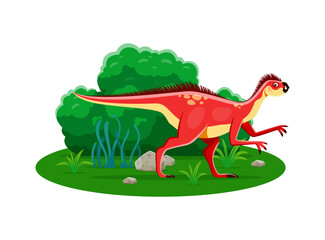 Pegomastax prehistoric dinosaur character. Isolated cartoon vector ancient omnivore reptile animal, genus of small heterodontosaurid dino from the early jurassic period at lush natural landscape