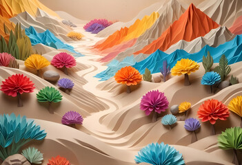 A perfect colorful paper craft, colorful mountains, rocks, and trees, on a cream background