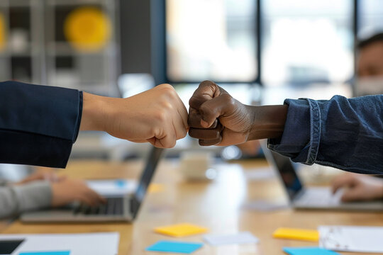 Unity, teamwork, successful partnership and collaboration concept. Two diverce race business colleagues performing fist bump