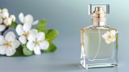 Close-up of a perfumed prototype bottle with a delicate jasmine flower motif, sleek modern design, elegant branding elements