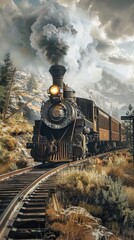 Naklejka premium Steam Locomotive Ascending a Mountainous Track