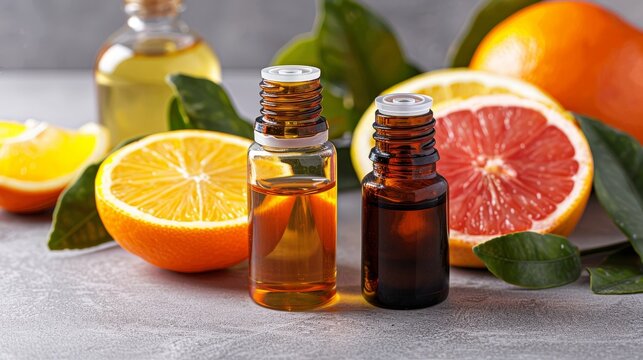 Close-up of citrus essential oils and fresh fruits in an aromatherapy session, showcasing vibrant colors and the essence of relaxation
