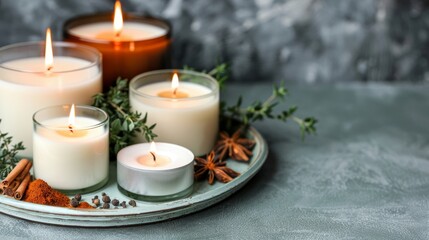 Creative arrangement of scented candles, herbs, and spices on a vintage tray, warm light creating a cozy, inviting atmosphere