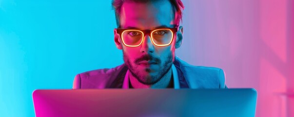 Man with Neon Glasses Using Laptop in Blue and Pink Lighting