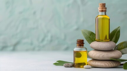 Obraz premium Custom aromatherapy oils arranged with fresh botanical elements, inviting spa setting with earthy tones and peaceful vibes