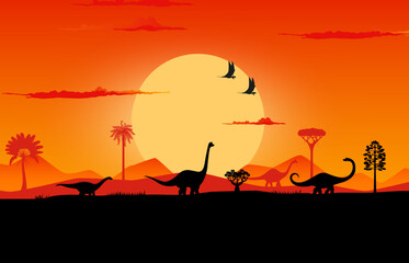 Dinosaurs sunset silhouettes on prehistoric landscape with trees and plants. Vector background with sauropod dino terrain species and flying pterosaur shadows in front of large sun in orange dusk sky © Vector Tradition