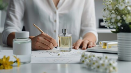 Designer working on a jasmine-infused perfume prototype, detailed sketches and scent samples on a stylish workspace