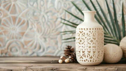 Fototapeta premium Diffuser with intricate design, placed on a rustic wooden table, surrounded by natural elements, filling the space with refreshing fragrance