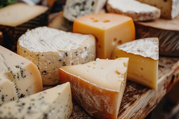 Various artisan cheese on a wooden board