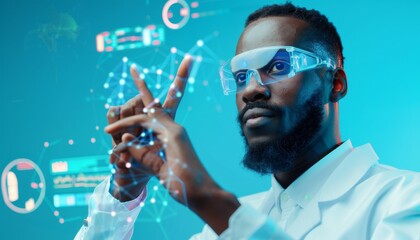 Black Man in Lab Coat Interacting with Futuristic Interface