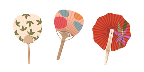 Illustration Of Three Decorative Asian Hand Fans With Unique Colorful Designs, In Various Shapes And Patterns