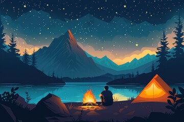 Flat design illustration of a solo adventurer camping in a remote wilderness area. The camper sits by a campfire, with a tent and mountains in the background. The night sky is filled with stars,
