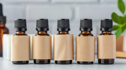 Display of essential oils with handmade eco-friendly wraps, sustainable packaging options, natural and earthy aesthetic