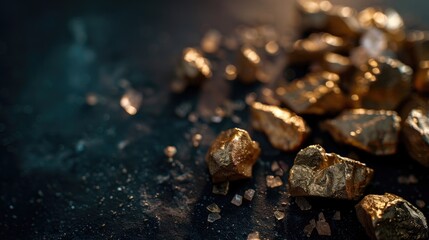 A collection of golden nuggets resting on a table, ideal for depicting wealth or treasure