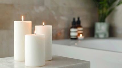 Elegant bath scene with long-lasting soy candles and essential oils, creating a luxurious and relaxing environment, soft and inviting light