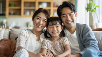 Obraz premium リビングで家族写真。父、母、娘。アジア、日本