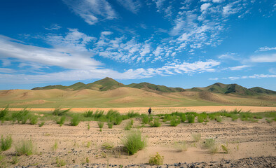 person standing in the desert,view of the desert，Desert landscape with oasis