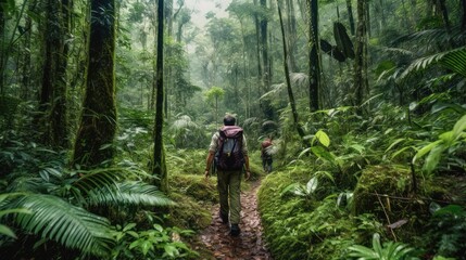 Obraz premium Adventurers Walking Through Lush Rainforest
