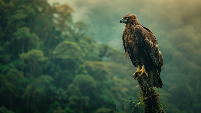 a Javanese eagle with dark brown feathers and sharp eyes, perched on a high branch, Ai generated Images