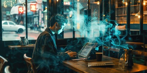 A novelist writes in a caf?, guided by an AI hologram emerging from their tablet, proposing plot twists. The cozy caf? setting, with its warm ambiance and background chatter, creates an inspiring